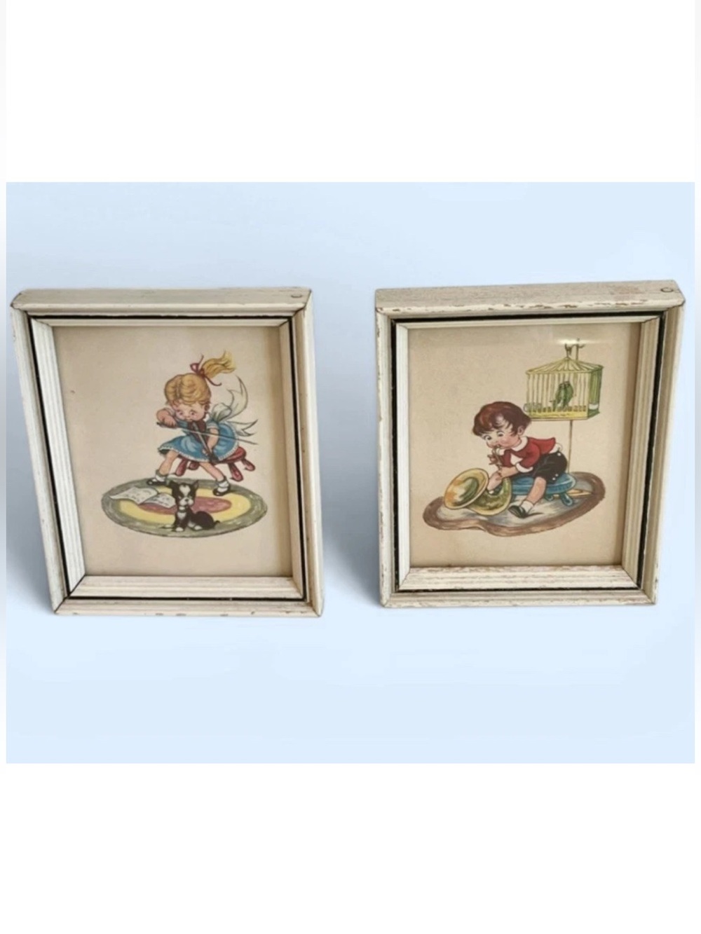 2 Pc Mid Century Lambert Product Framed Prints 4 x 5” Children Violin Tuba